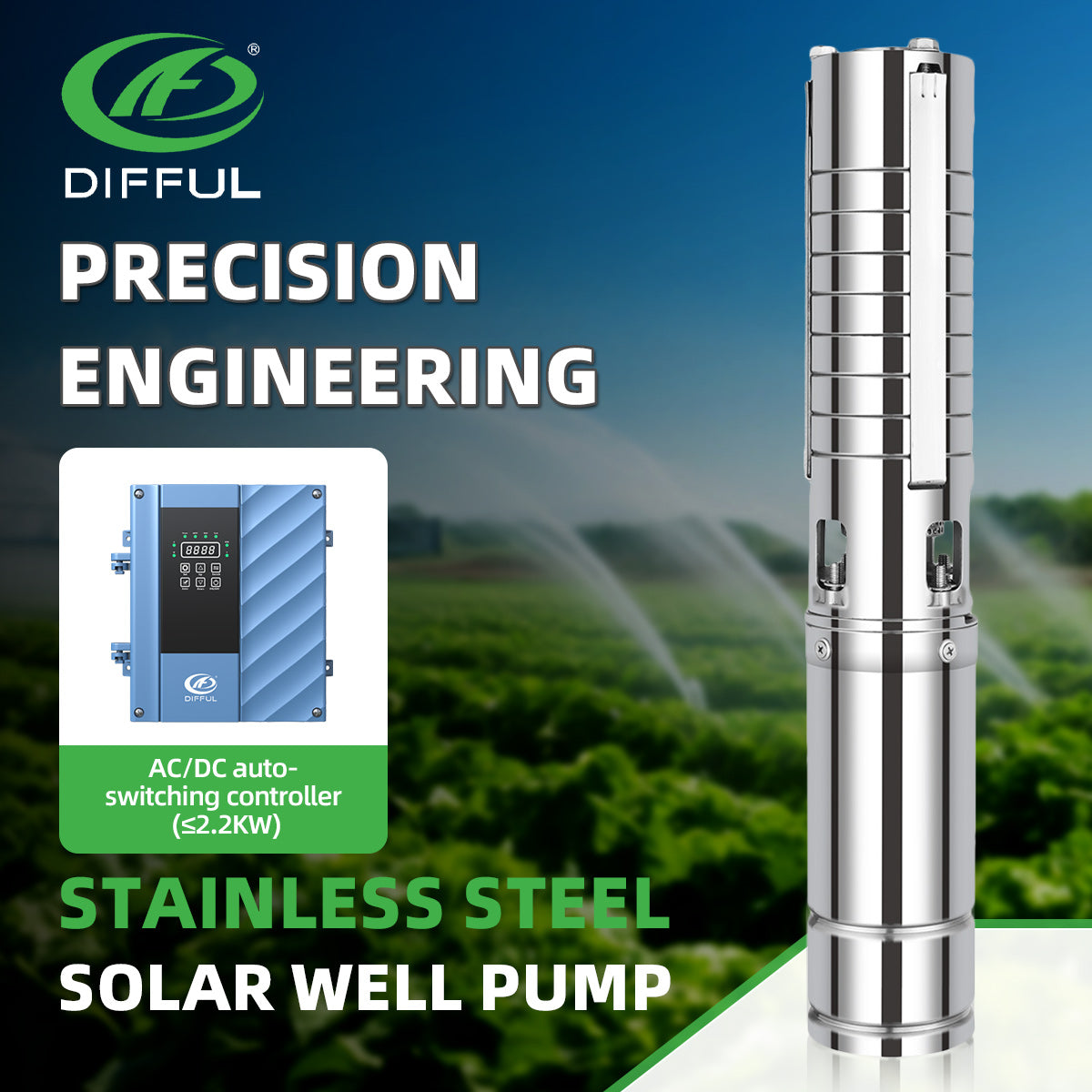 DIFFUL Solar Powered Submersible Pump, 4 inch 3 HP 80 GPM Flow AC/DC 310 ft Head For Livestock