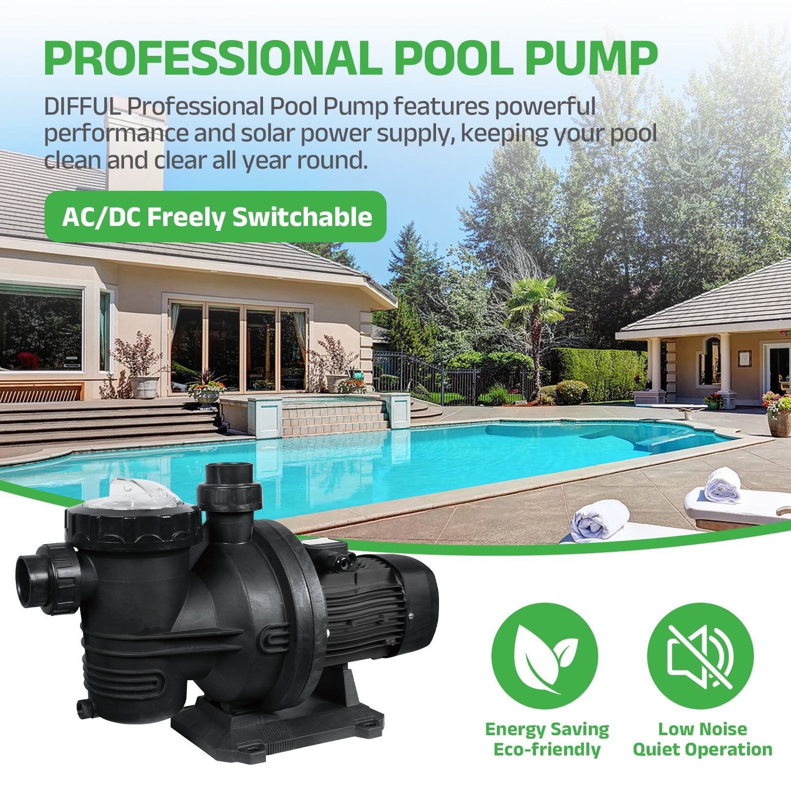 DIFFUL Solar Powered Pool Pump,1.2 HP 72 V AD 60 ft Head For Pool Draining