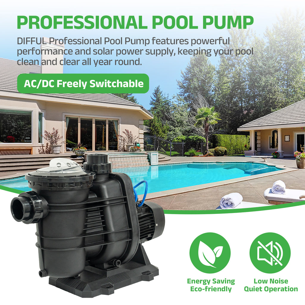 DIFFUL Solar Swimming Pool Pump Supplier For Household 60 ft 1.6 HP 120 GPM AC/DC