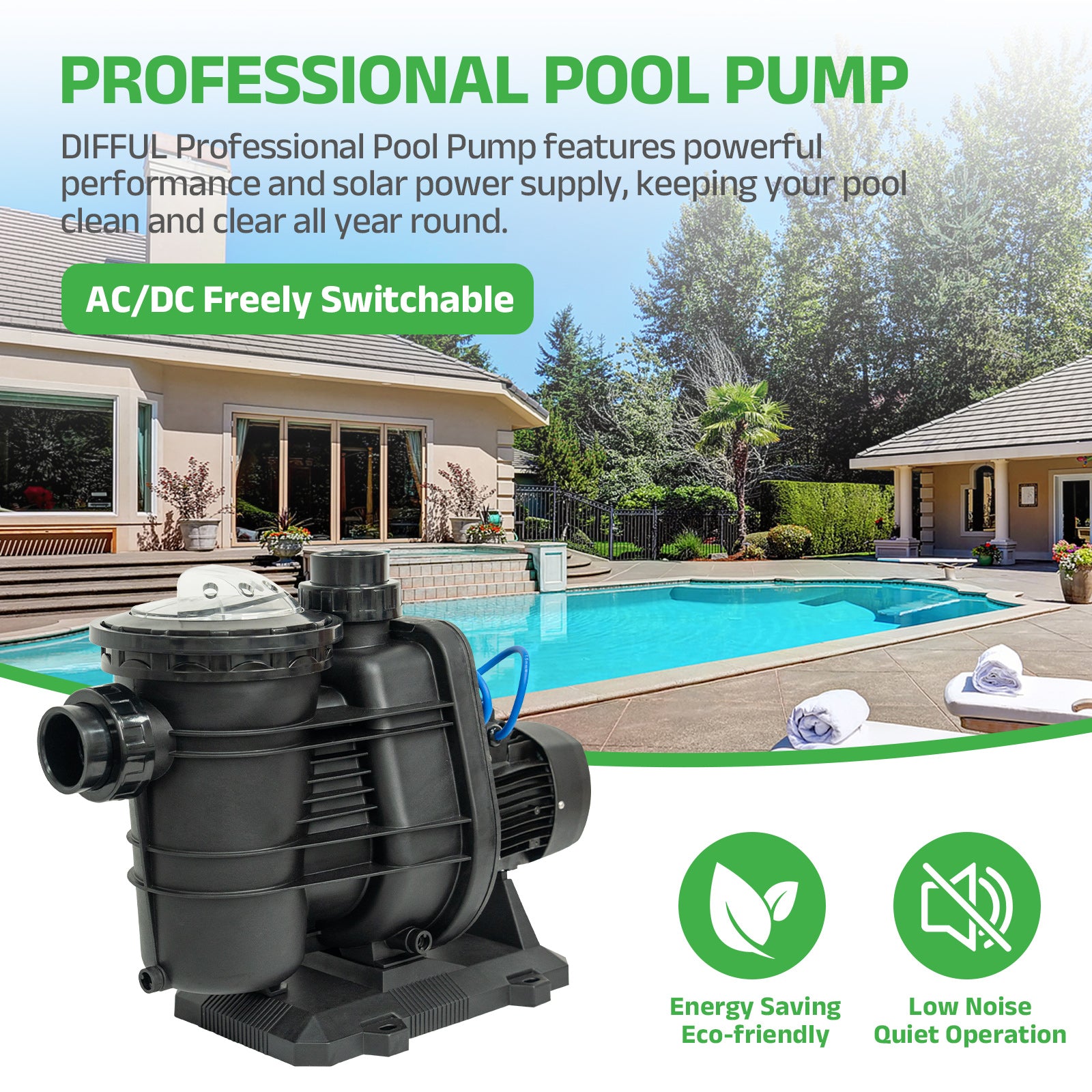 DIFFUL Solar Swimming Pool Pump Supplier For Household 60 ft 1.6 HP 120 GPM AC/DC