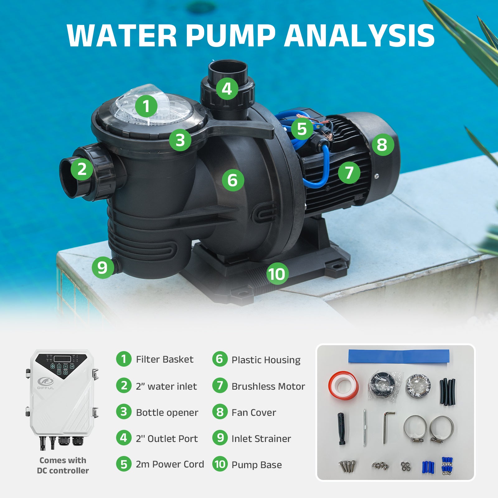 DIFFUL Pool Solar Pump Supplier,0.7 HP 65 GPM Flow DC For Home & Garden