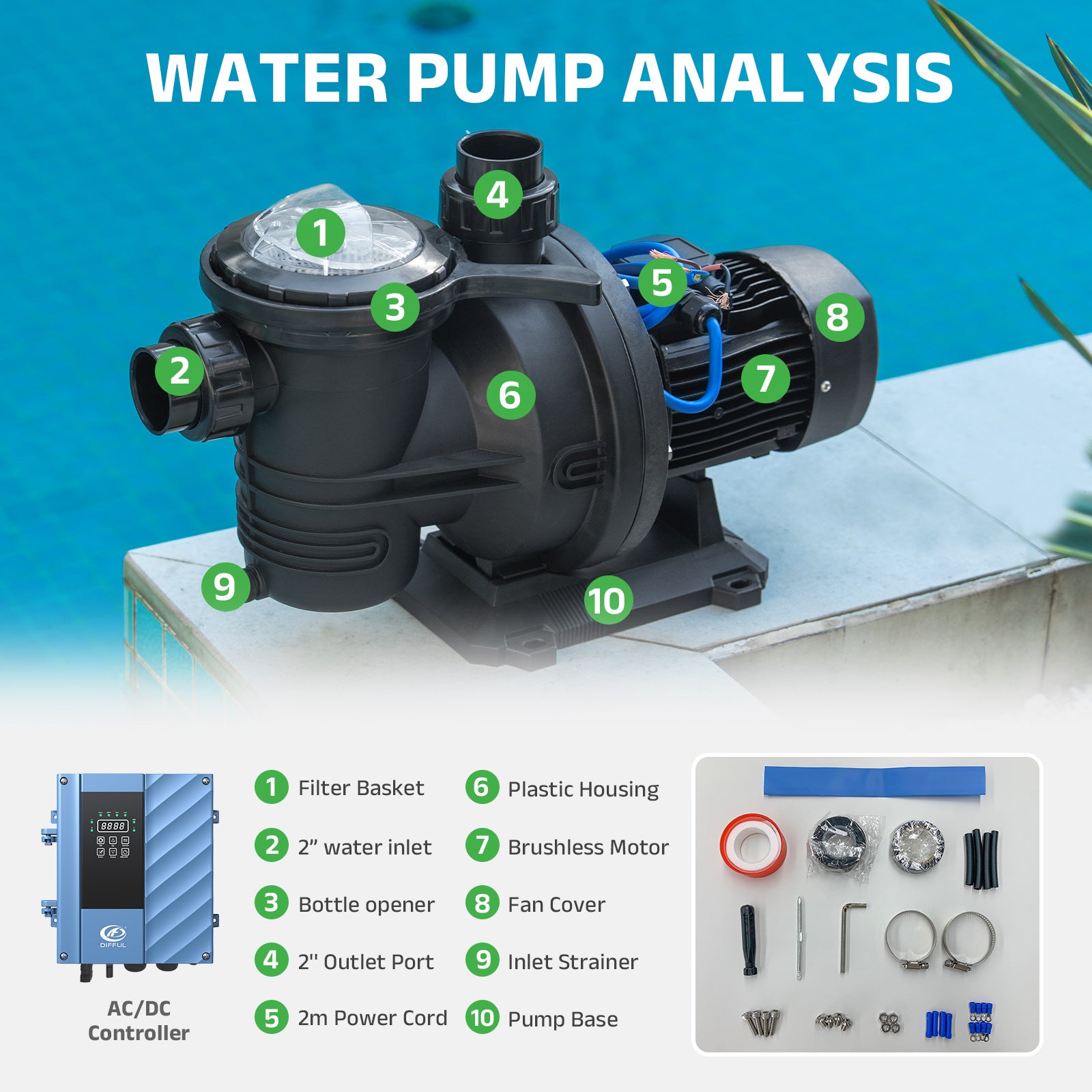 DIFFUL Solar Powered Pool Pump,1.2 HP 72 V AD 60 ft Head For Pool Draining