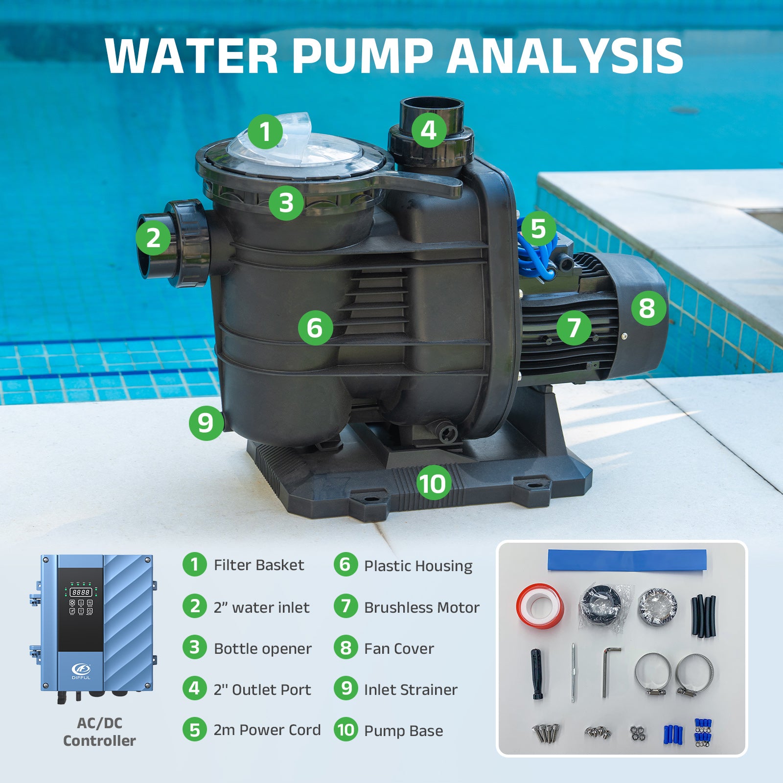 DIFFUL Solar Swimming Pool Pump Supplier For Household 60 ft 1.6 HP 120 GPM AC/DC