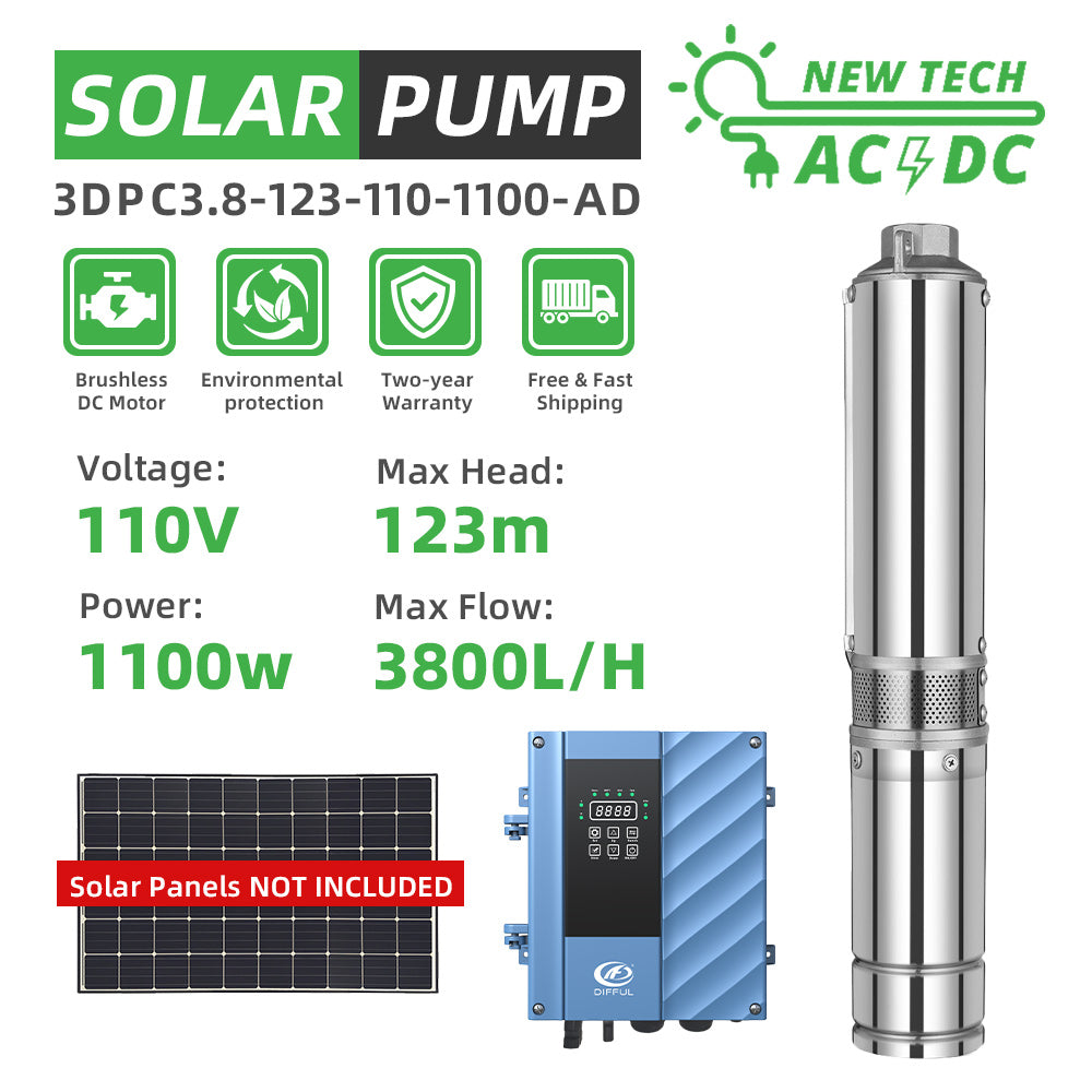 DIFFUL Solar Powered Pump, 3 inch 1.5 HP 85 V - 280 V AC/DC 400 ft Head For Livestock