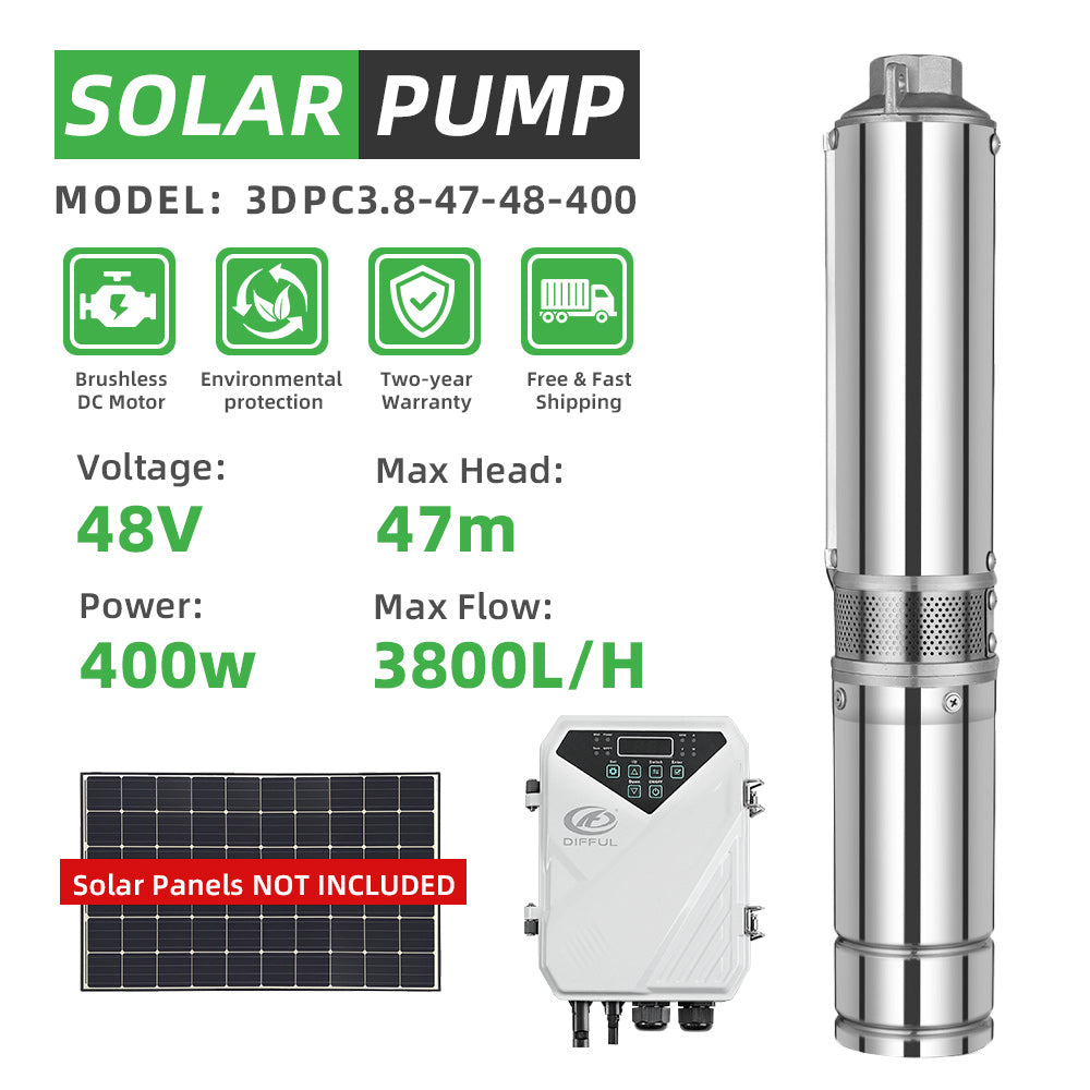 DIFFUL Solar Well Pump Kit , 3 inch 0.5 HP 15 GPM Flow DC For Farmland Irrigation