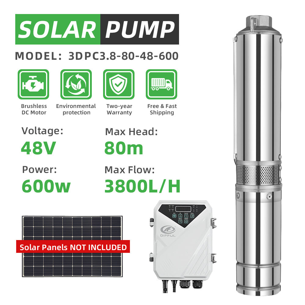 DIFFUL Solar Pumps System For Off-Grid Living With 3 inch 0.8 HP 48 V DC 265 ft Head 15 GPM Flow