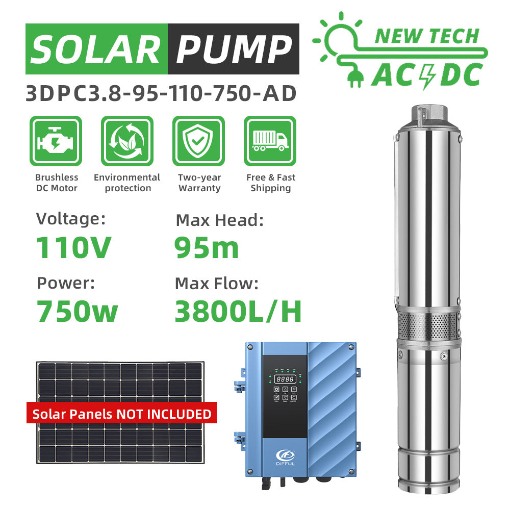 DIFFUL Solar Water Pump Solutions, 3 inch 1 HP 110 V AC/DC 310 ft Head For Farm