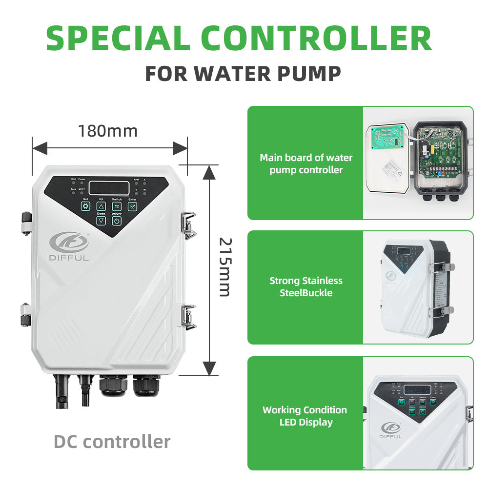 DIFFUL Solar Powered Well Pump, 3 inch LED Display 0.8 HP 15 GPM Flow DC 310 ft Head