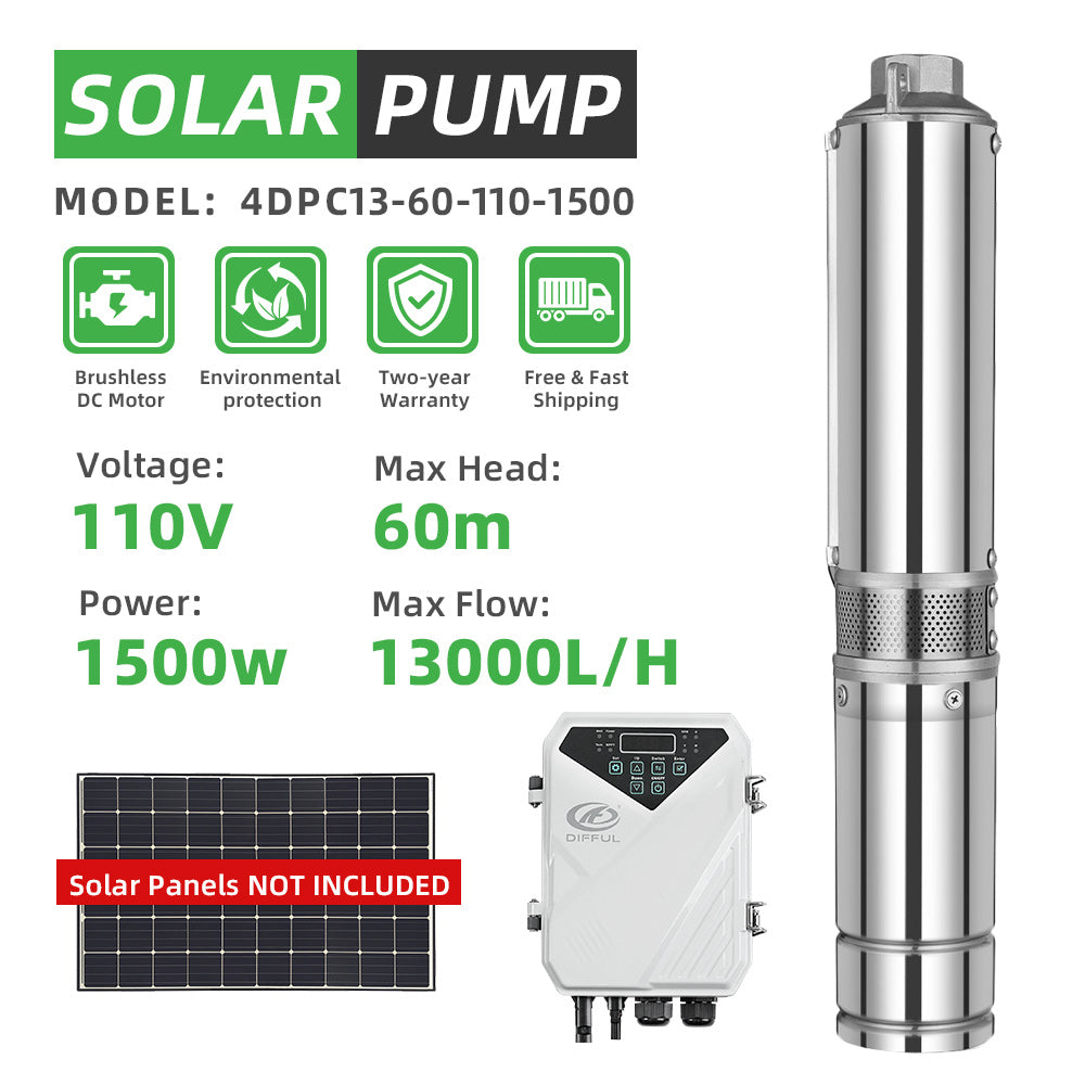 DIFFUL Solar Water Pump Kit, 4 inch 2 HP 55 GPM Flow DC 200 ft Head For Irrigation
