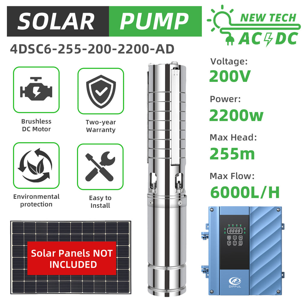 DIFFUL Solar Irrigation Pump, 4 inch 3 HP 85 V - 280 V AC/DC 840 ft Head For Drip Lines