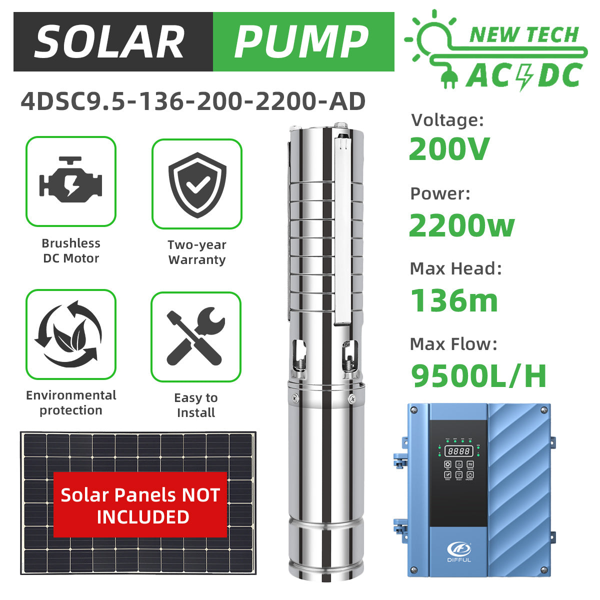 DIFFUL Solar Submersible Water Pump, 4 inch 3 HP 85 V - 280 V AC/DC For Drip Lines