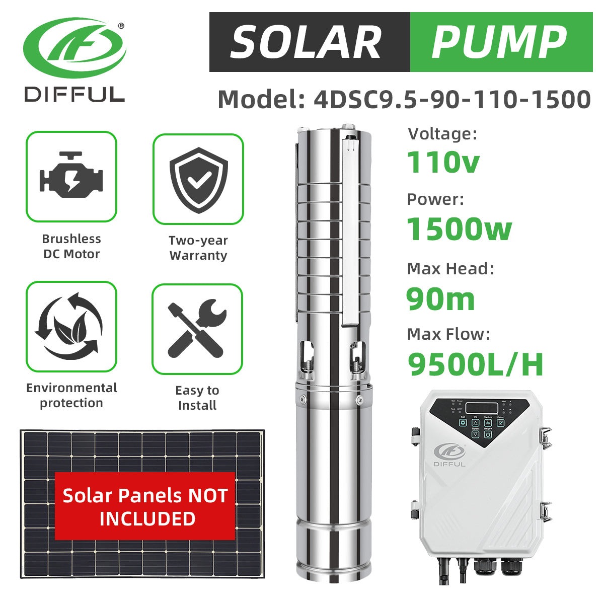 DIFFUL Solar Well Pumps Solutions For Irrigation With 4 inch 300 ft Head 40 GPM Flow 2 HP 110 V DC