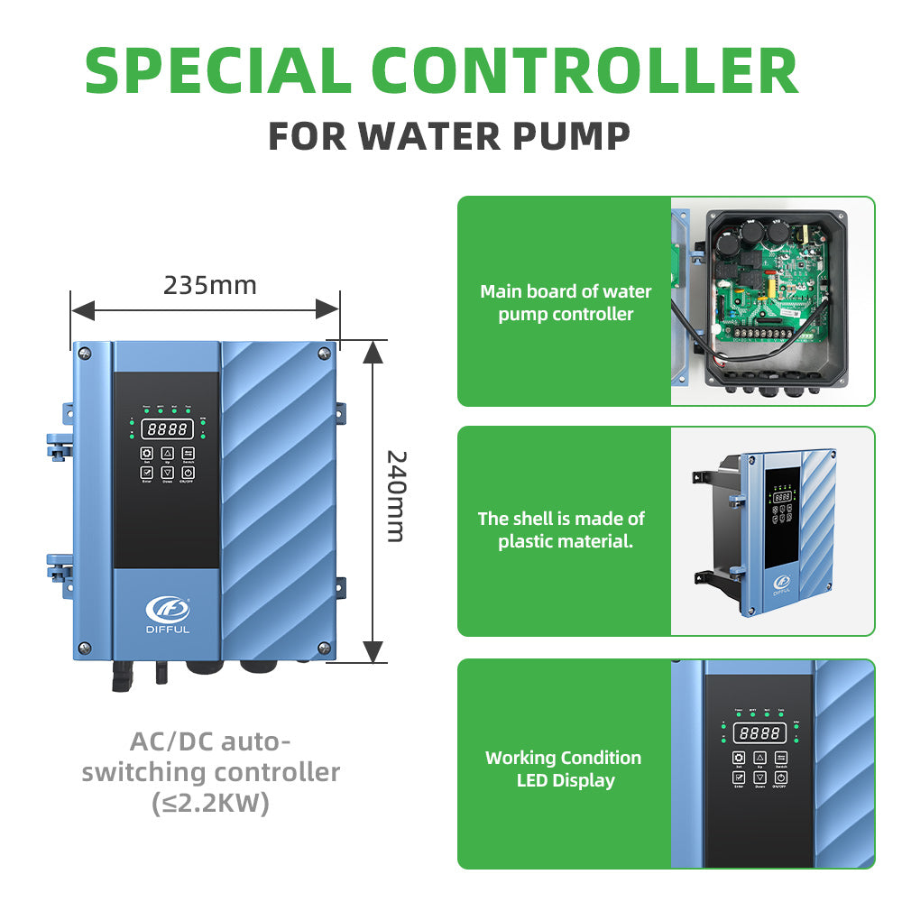DIFFUL Solar Water Pump Solutions, 3 inch 1 HP 110 V AC/DC 310 ft Head For Farm
