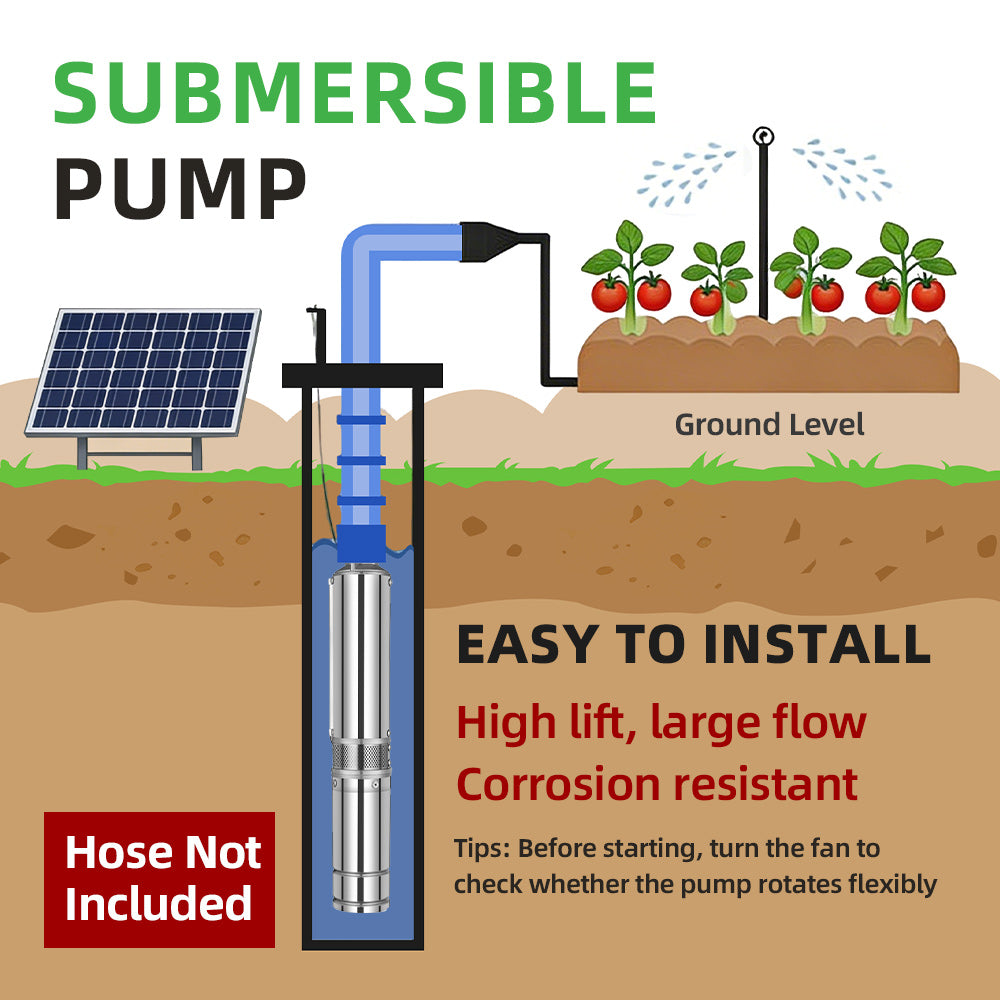 DIFFUL Solar Water Pump Solutions, 3 inch 1 HP 110 V AC/DC 310 ft Head For Farm