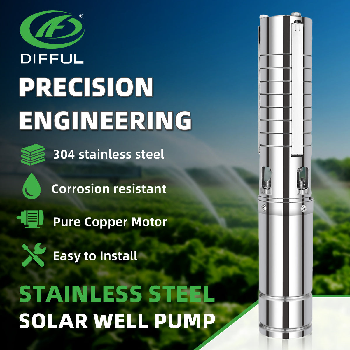 DIFFUL Solar Submersible Water Pump, 4 inch 0.7 HP 48 V DC For Off-Grid Living